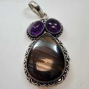 Tiger Iron Pendant Necklace Amethyst Accents in Sterling Silver Bezel Setting